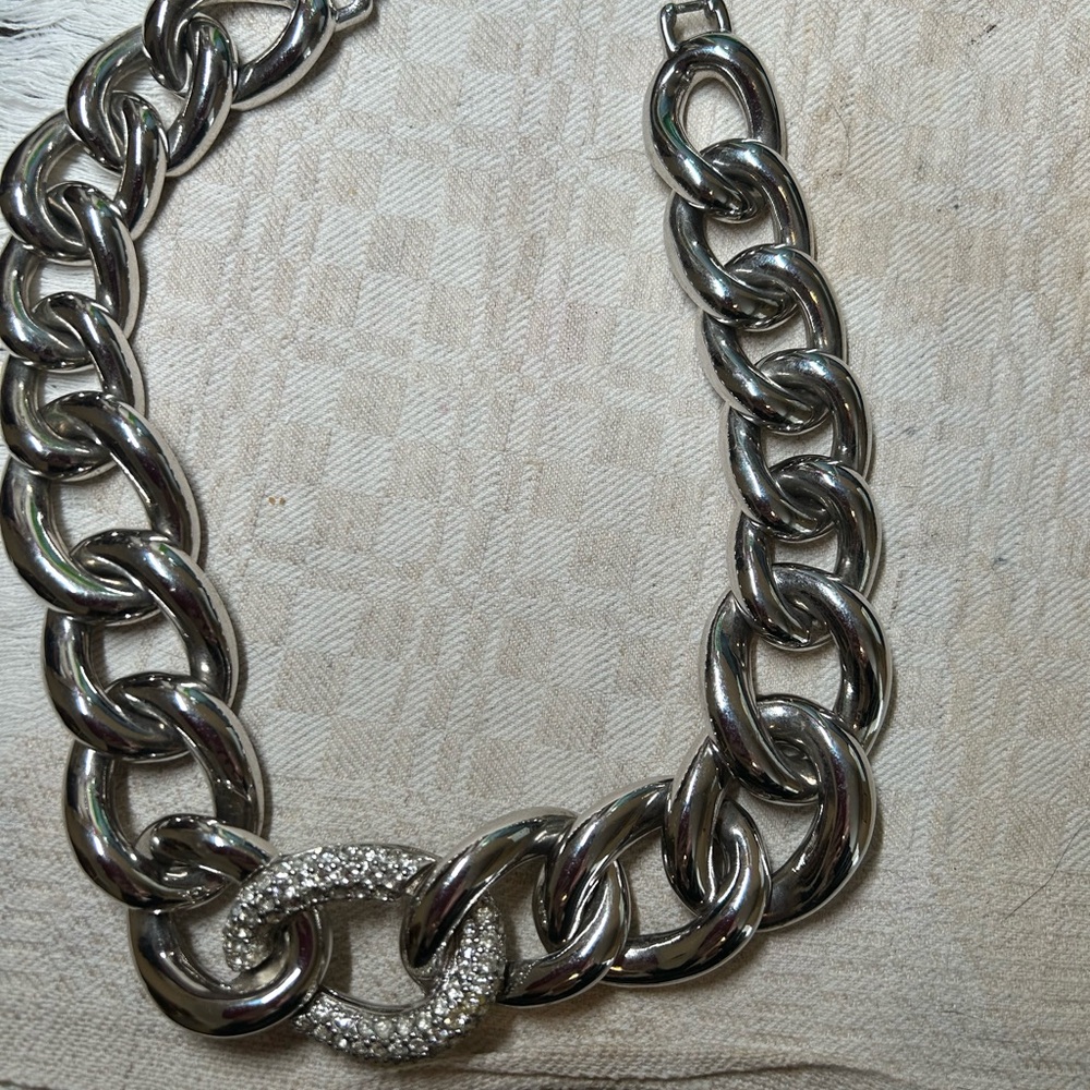 Vintage 1980’s costume Givenchy Silver Chain Necklace with pave Accent